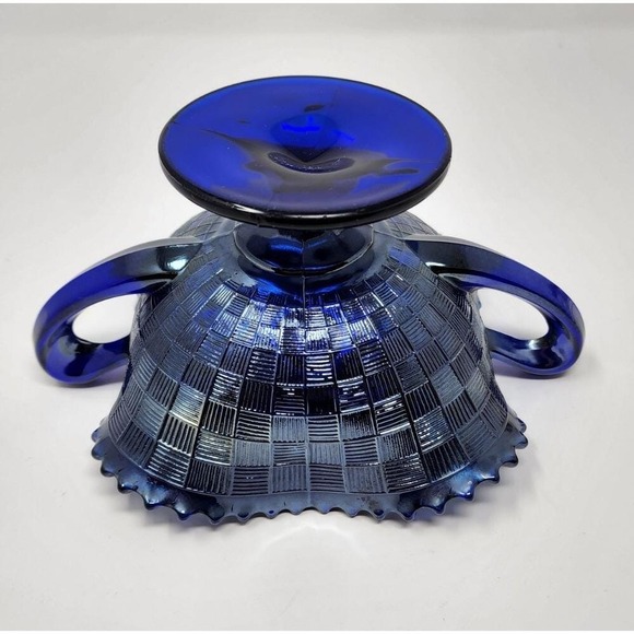 Northwood Cobalt Blue Fruits & Flowers Carnival Glass Handled Bonbon Dish - Picture 9 of 11